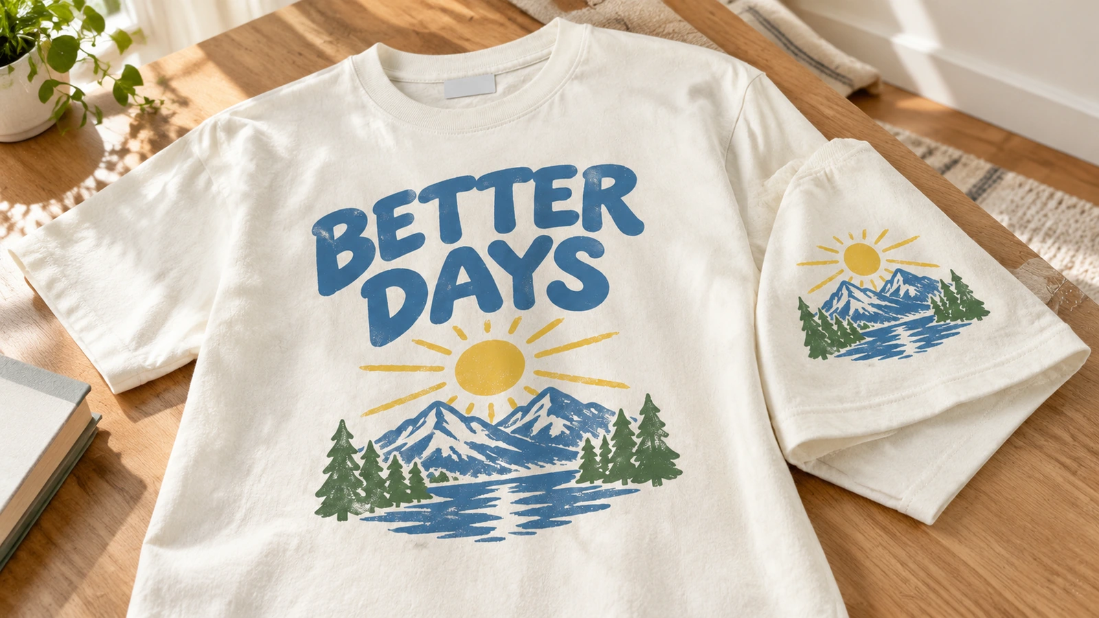 T-shirt crema stampata accanto a una maglietta piegata con la stessa grafica di montagna