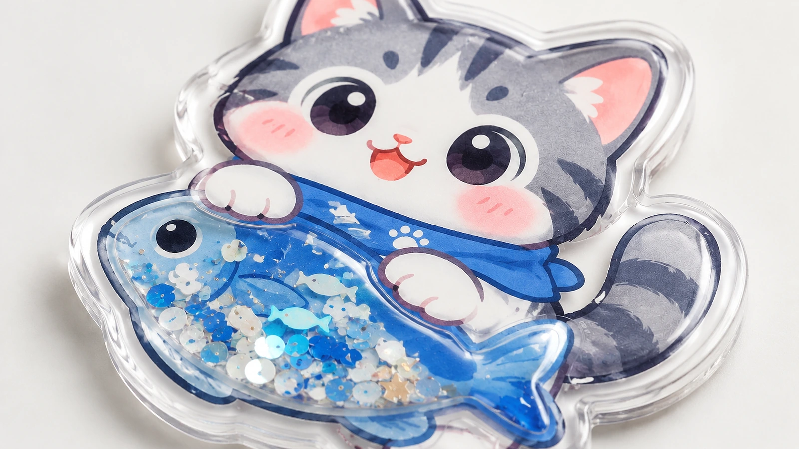 Primo piano dell'adesivo shaker gatto e pesce Primo piano di un adesivo shaker gatto e pesce che mostra la grafica stampata, il bordo trasparente rialzato e le paillettes blu
