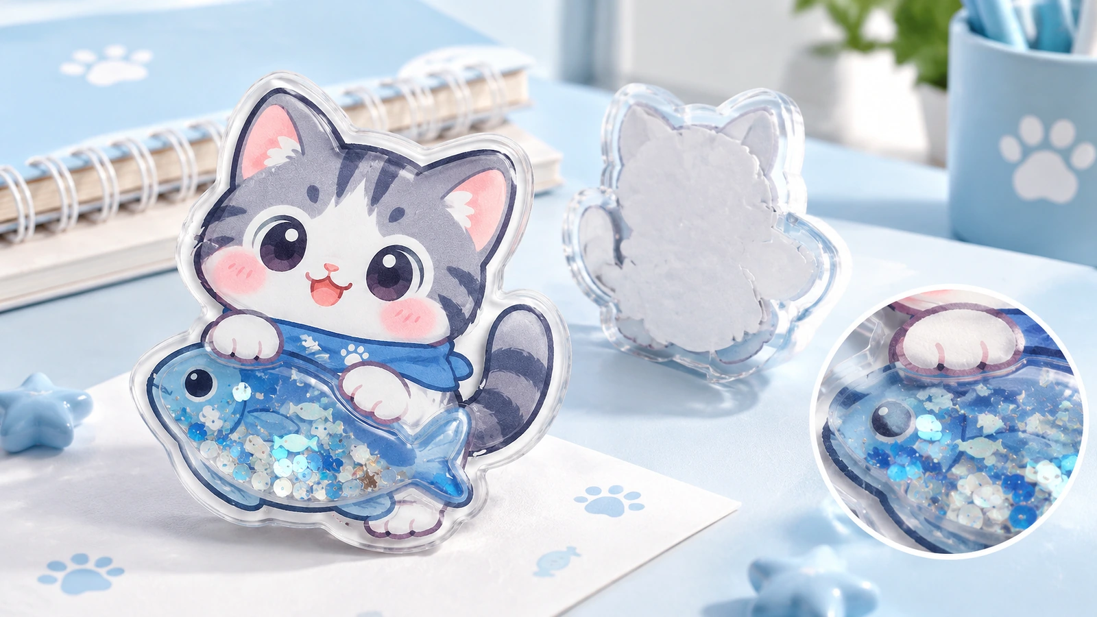 Fronte, retro e dettaglio delle paillettes dell'adesivo shaker Fronte e retro dell'adesivo shaker gatto e pesce con un primo piano circolare delle paillettes blu su una scrivania azzurra chiara