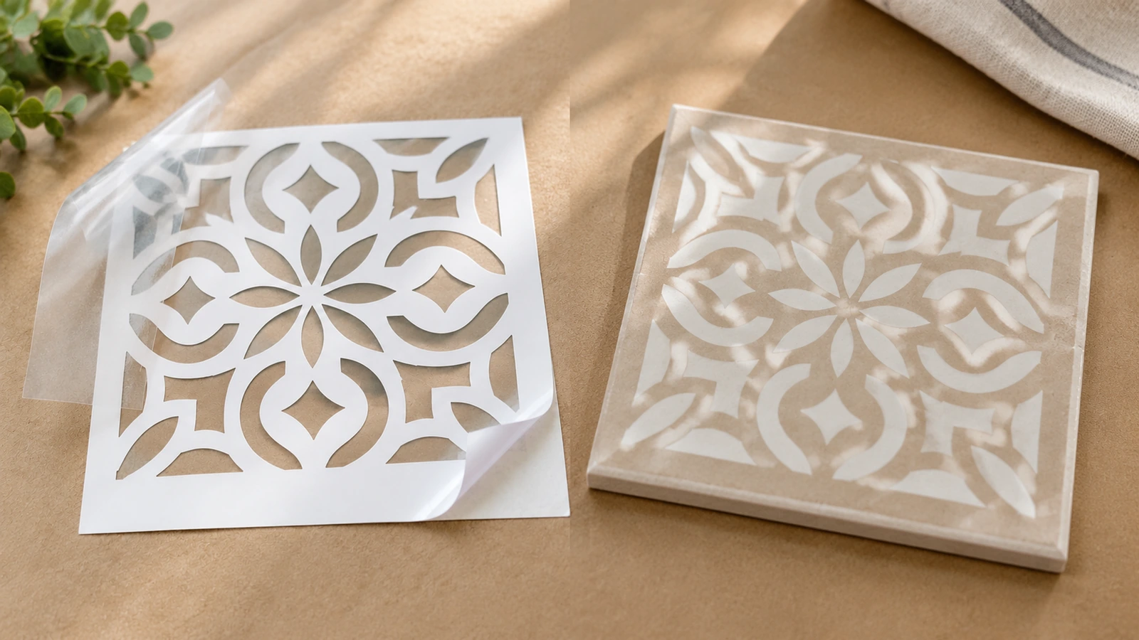 Stencil floreale bianco con uno strato sollevato accanto a un foglio di stencil floreale traslucido