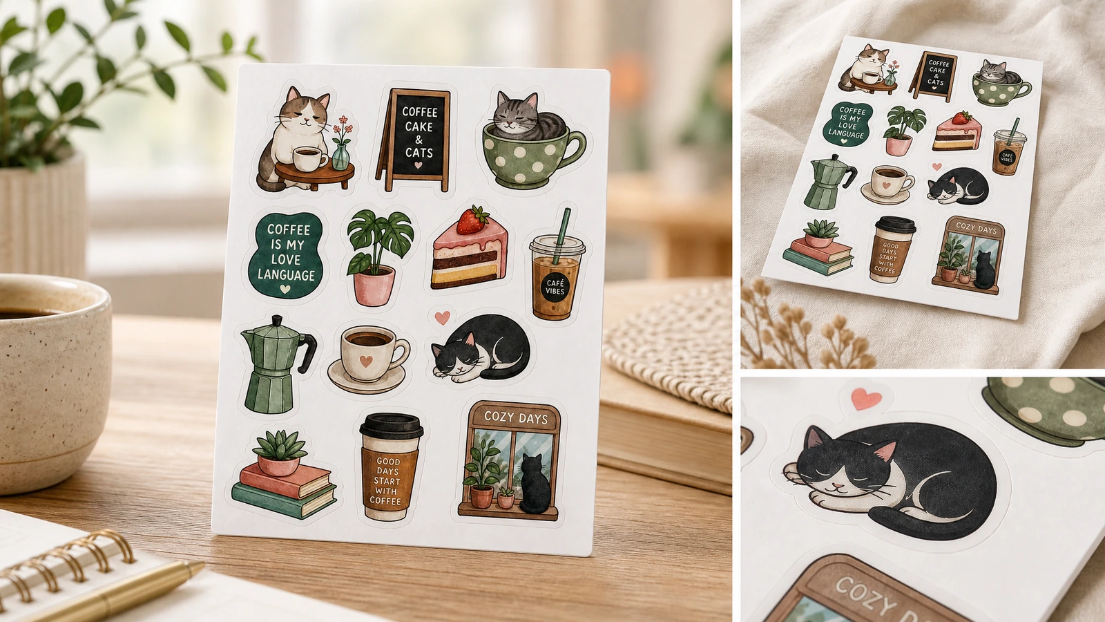 Collage che mostra un foglio di adesivi gatto e caffè su una scrivania, su un tessuto e in primo piano
