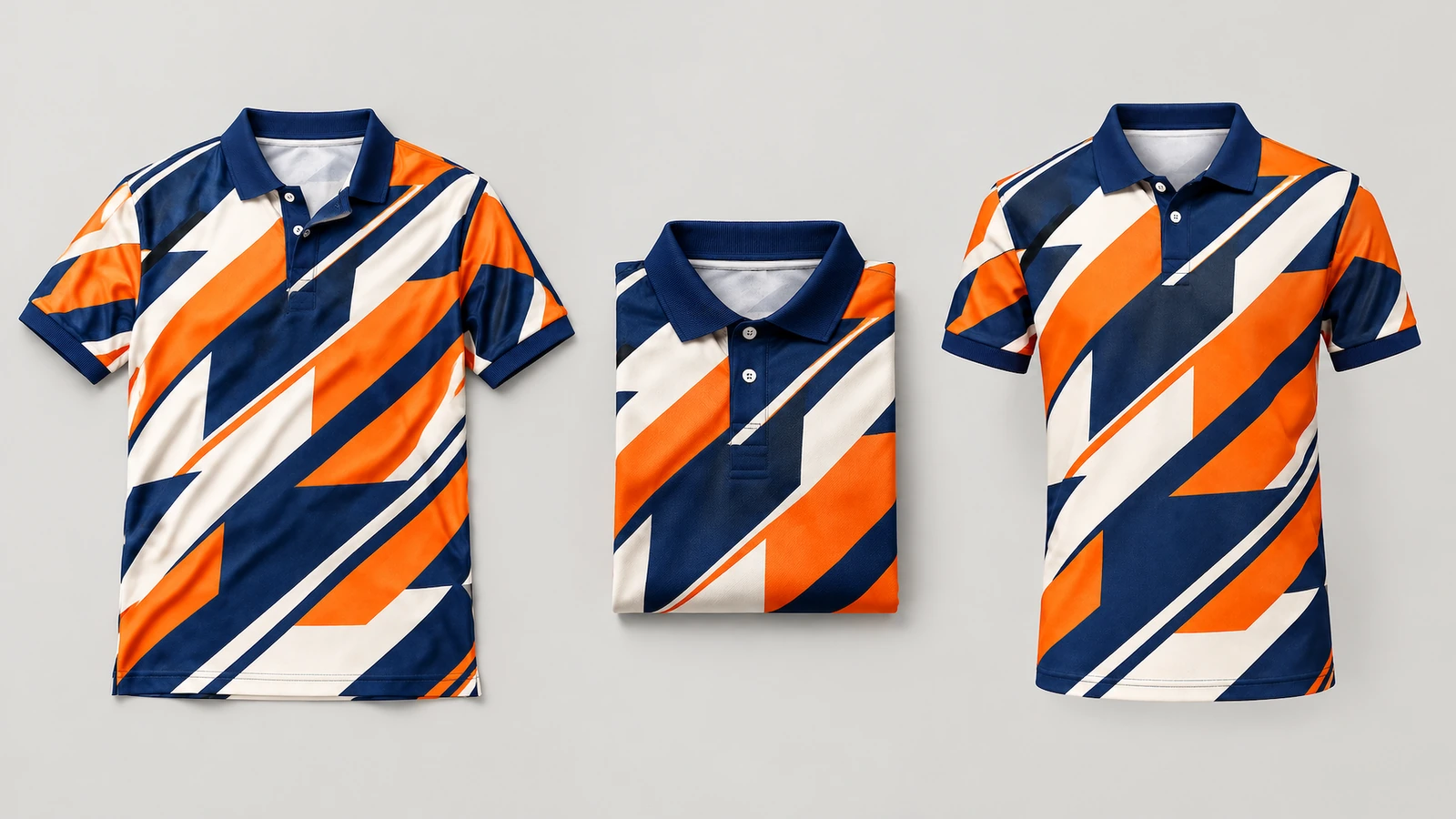 Tre viste di una polo geometrica blu navy, arancio e bianca, inclusa una versione piegata