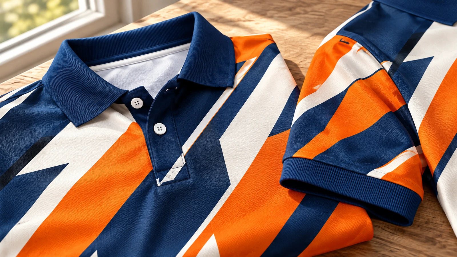 Primo piano di polo a motivi che mostrano colletti blu navy, patte con bottoni e un polsino di manica