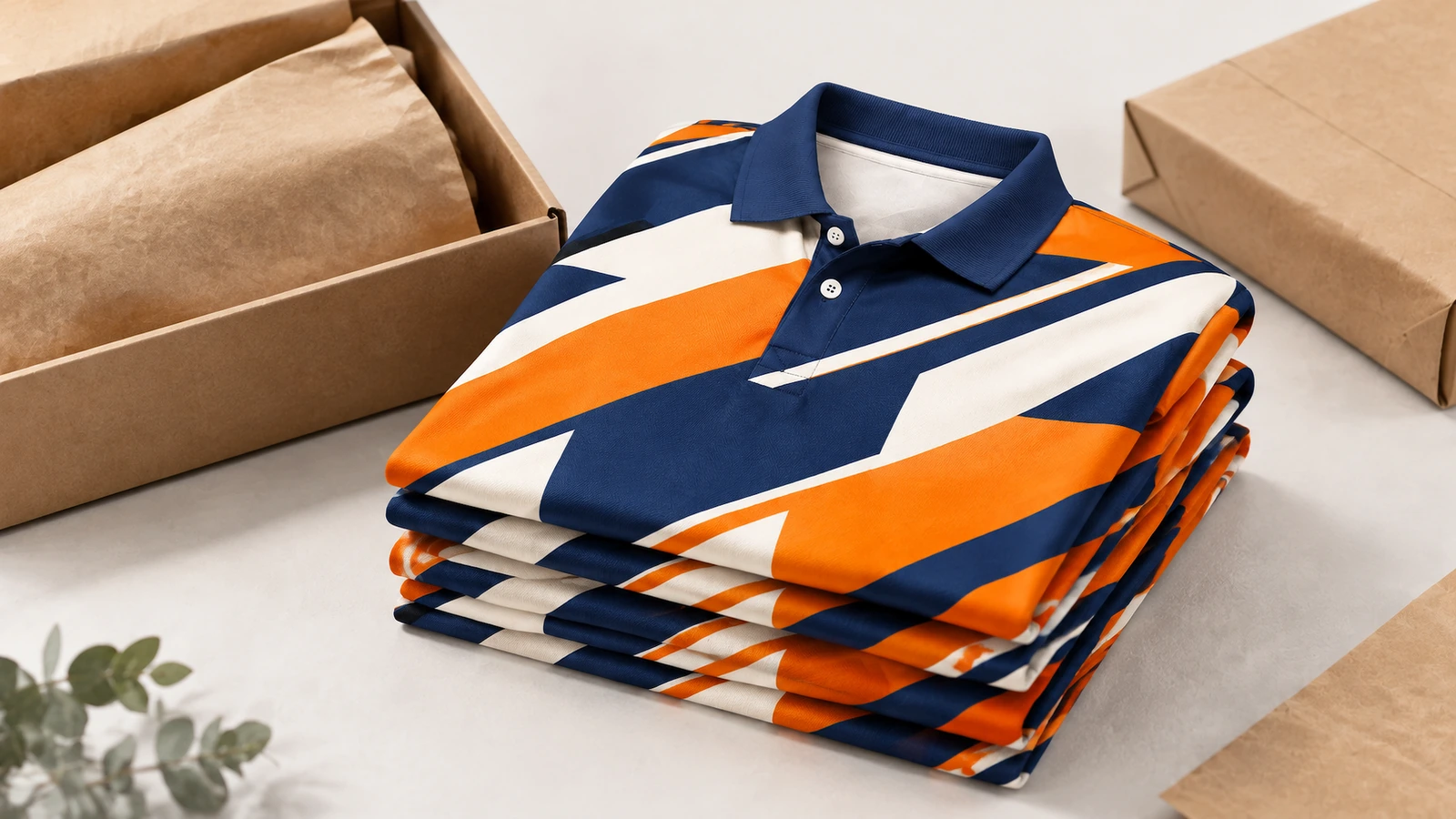 Pila di polo piegate blu navy, arancio e bianche accanto a un imballo di cartone aperto