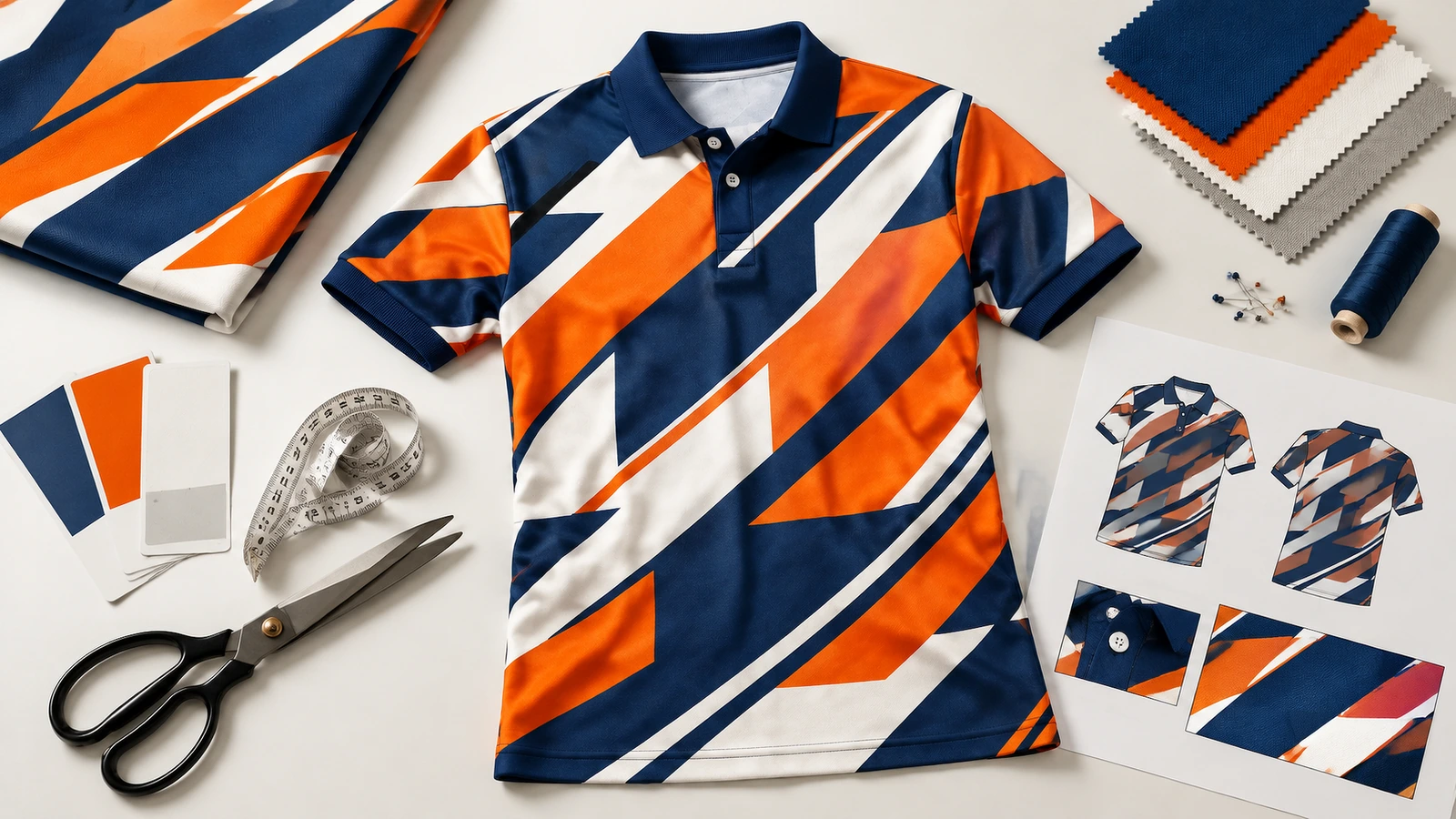 Polo a motivi blu navy, arancio e bianchi circondata da campioni di tessuto, forbici, metro a nastro e schizzi di capi