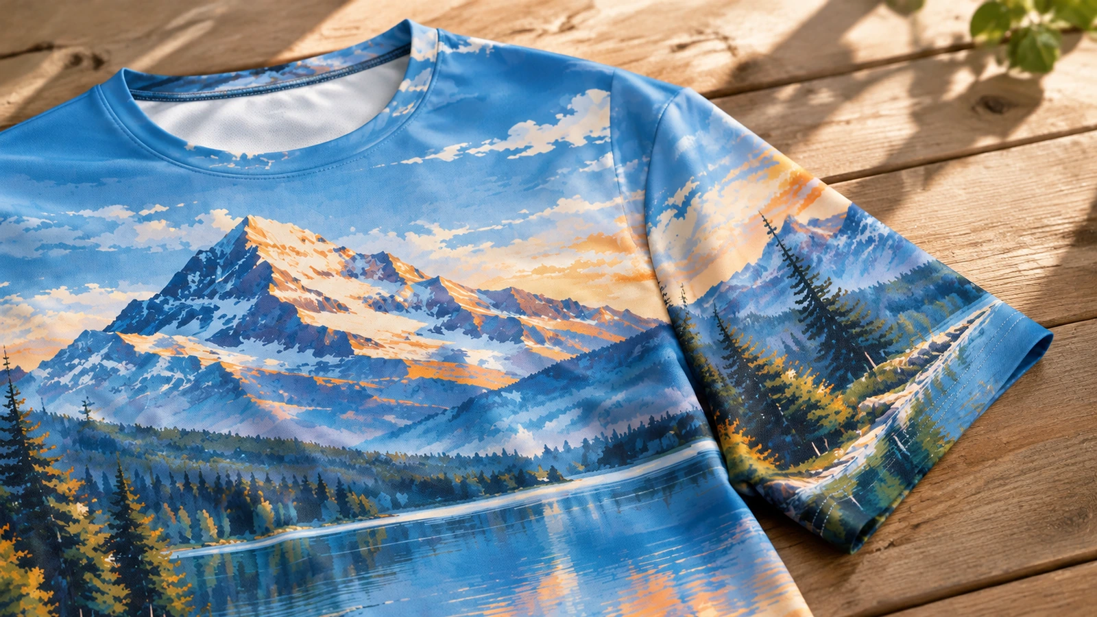 T-shirt stampata su una superficie in legno T-shirt stampata con monti e lago appoggiata su una superficie in legno