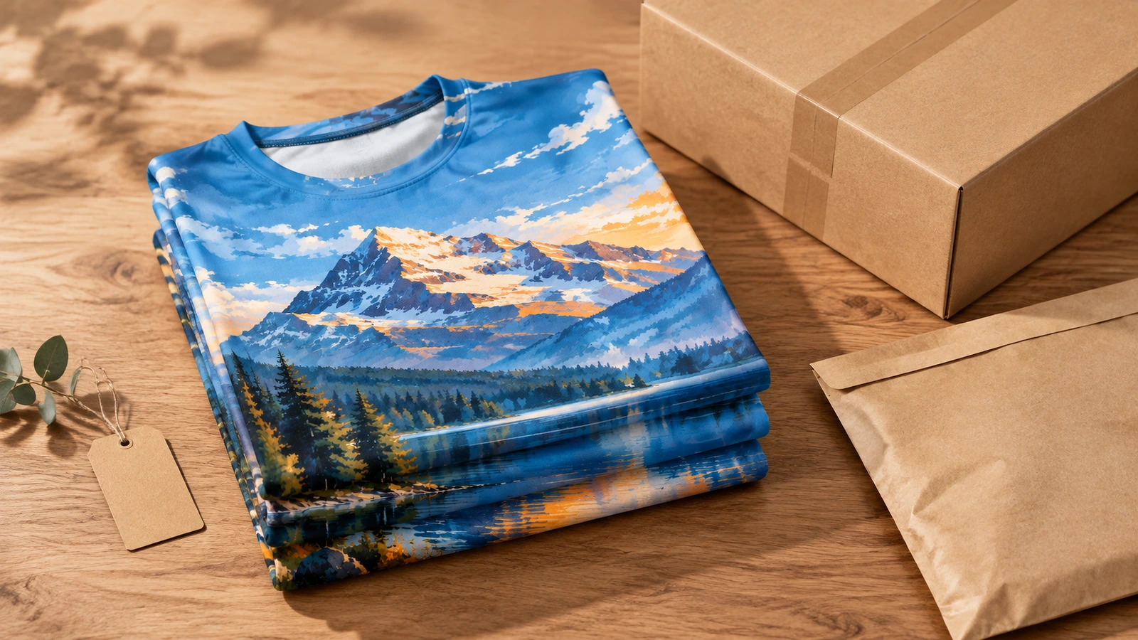 Magliette stampate piegate e materiali di imballaggio T-shirt a stampa integrale piegate accanto a una scatola di cartone e a una busta kraft