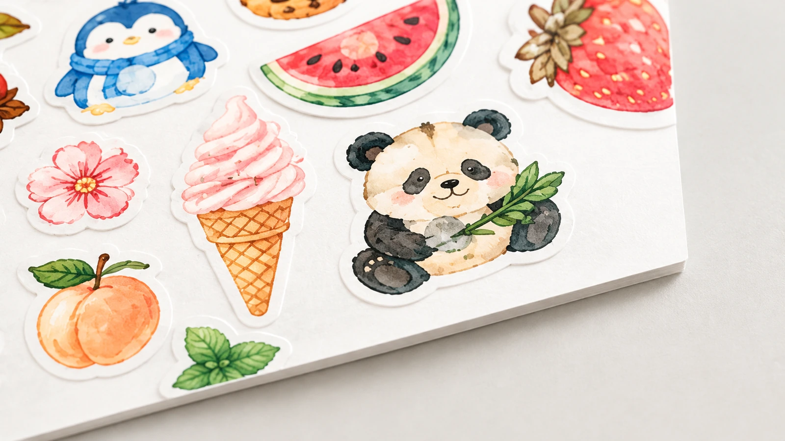 Primo piano di un foglio di adesivi con illustrazioni di panda, gelato, frutta e fiori e bordi tagliati