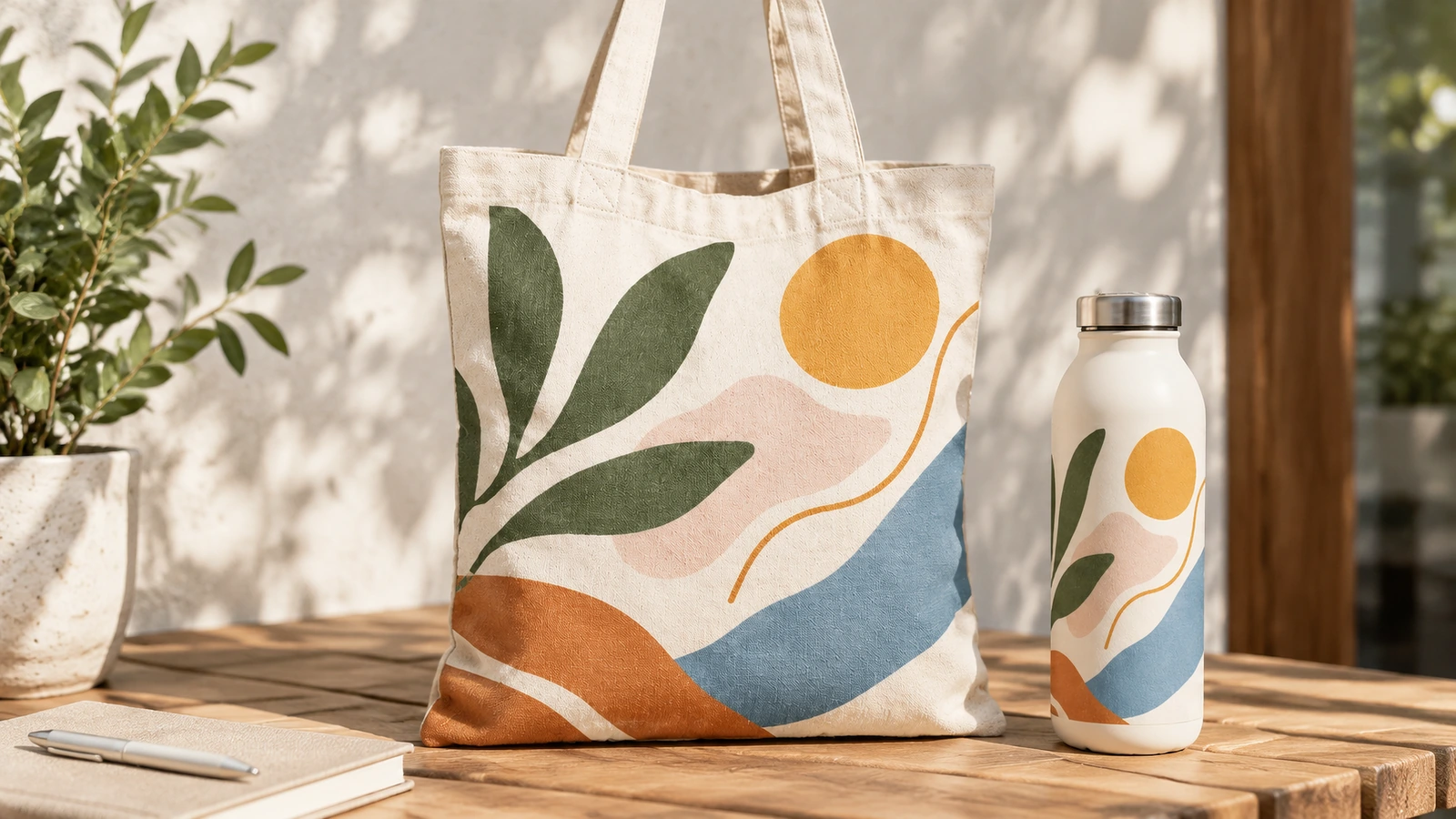 Esposizione di borsa tote in cotone e bottiglia abbinata Borsa tote in cotone stampata accanto a una bottiglia con grafica abbinata su un tavolo di legno