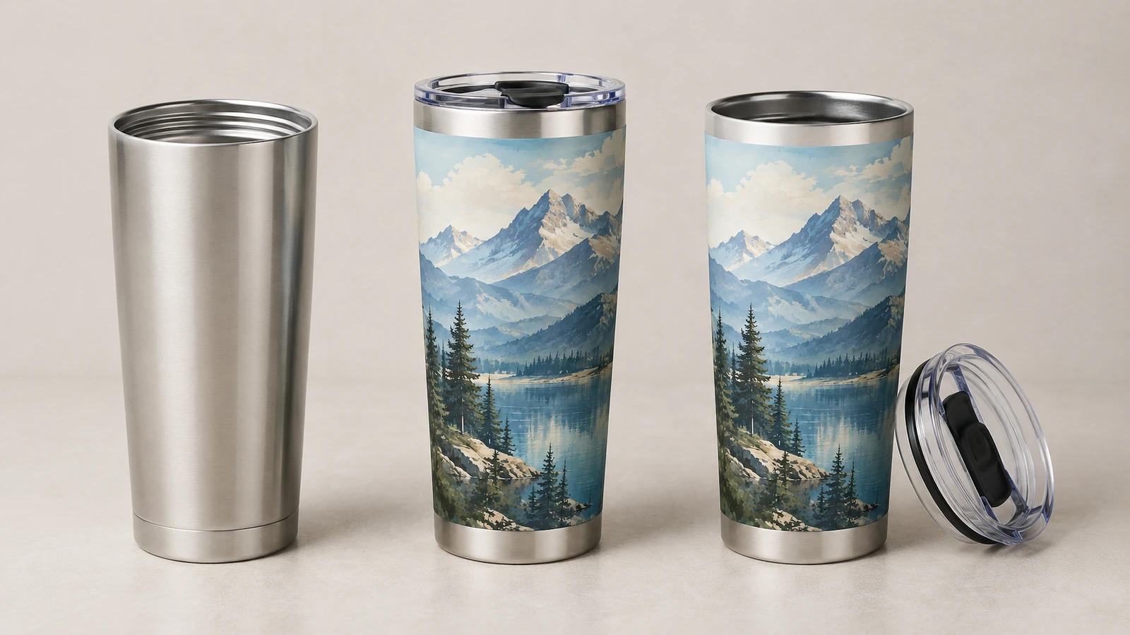 Tumbler semplice color acciaio accanto a due tumbler con design a montagna e a un coperchio trasparente