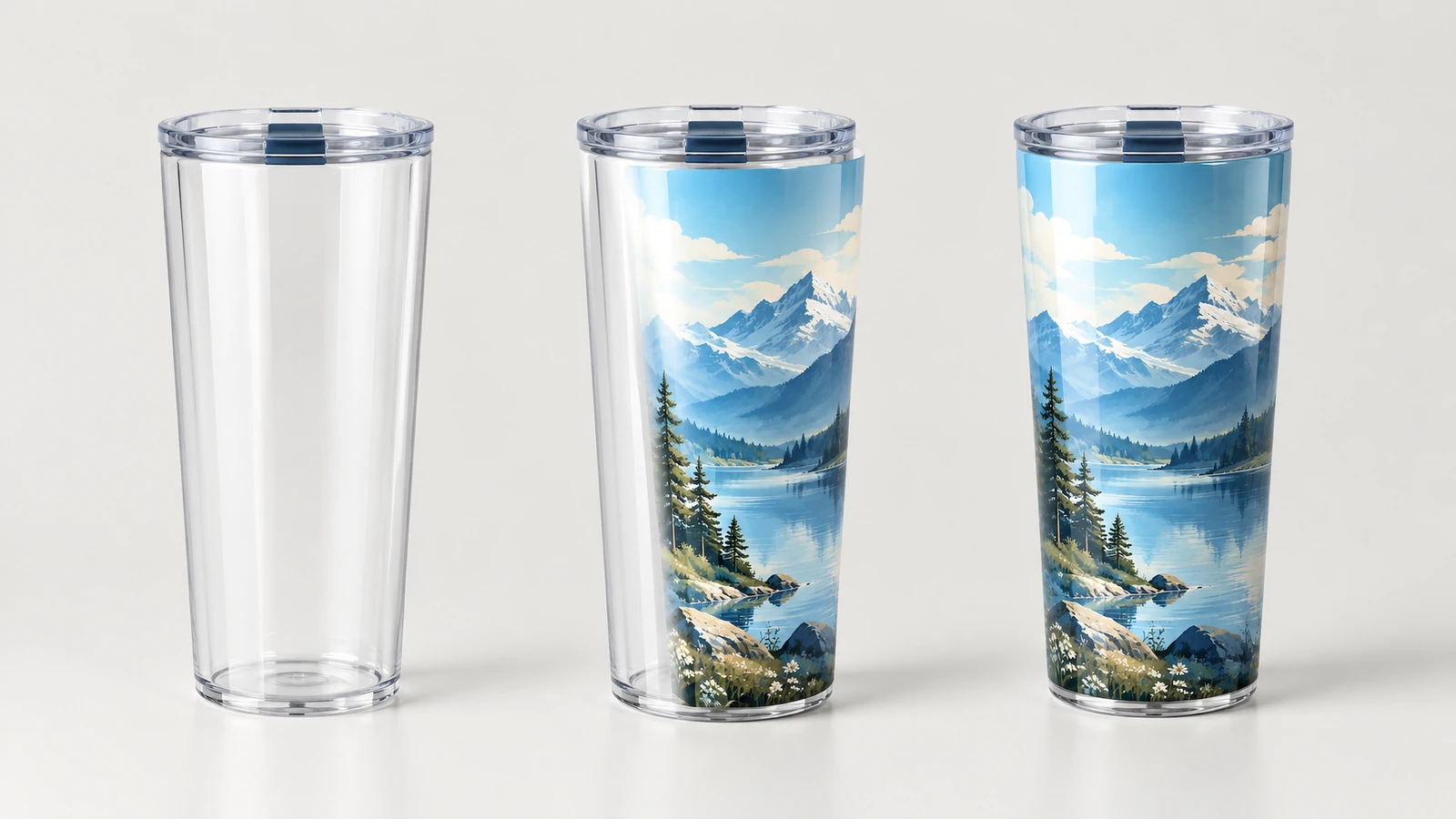 Tumbler trasparente semplice accanto a due tumbler con motivo di montagne