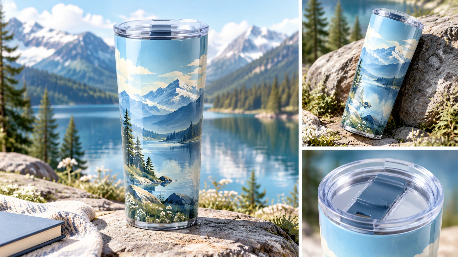 Collage di un tumbler con motivo di montagne all'aperto e un primo piano del suo coperchio trasparente