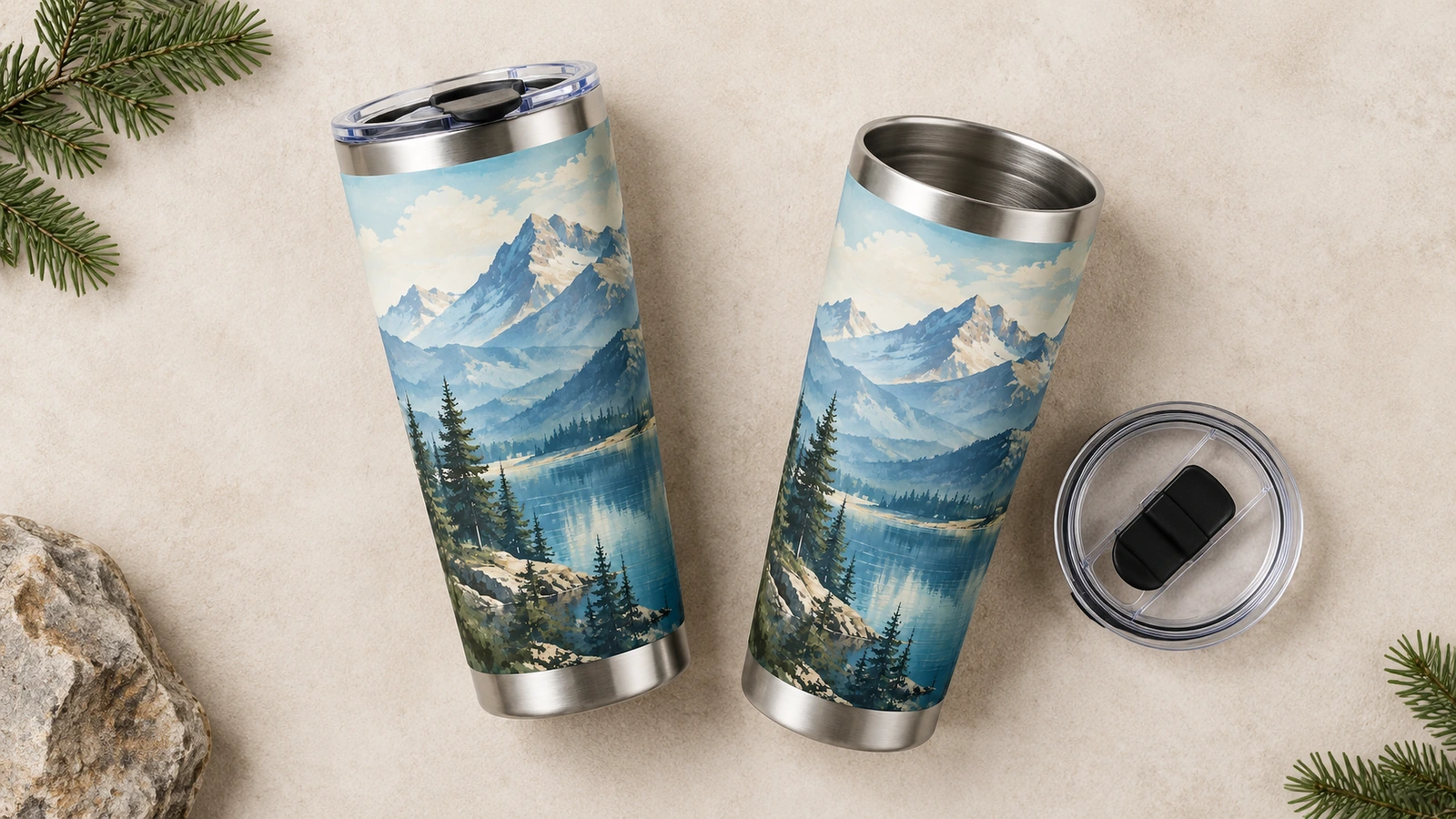 Due tumbler con design a montagna, uno con il coperchio montato e un altro coperchio accanto a una tazza aperta