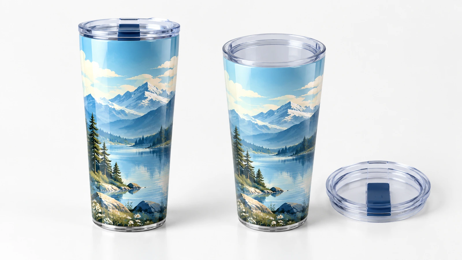 Due tumbler con motivo di montagne: uno con il coperchio applicato e un coperchio trasparente sciolto accanto all'altro