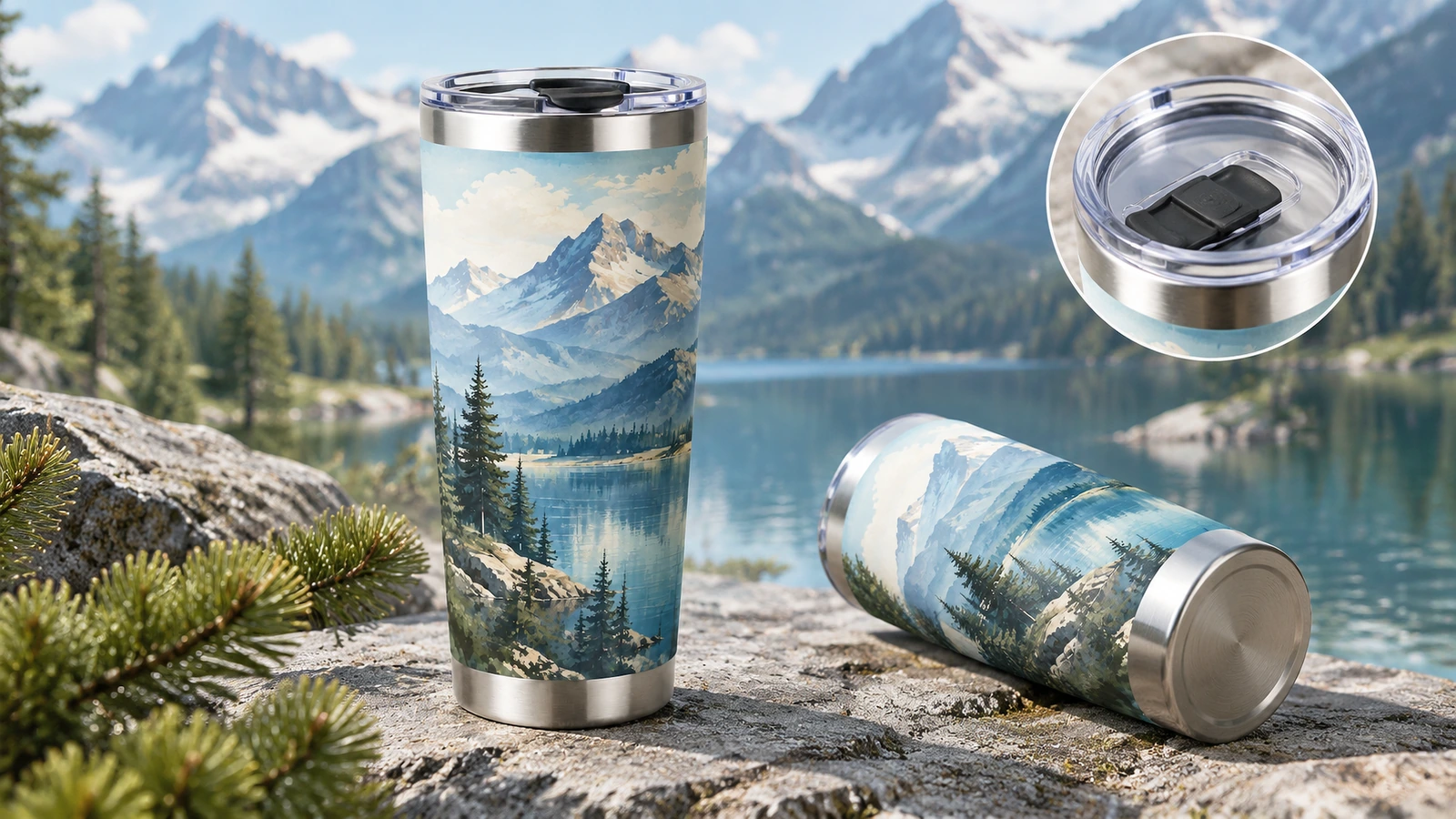 Tumbler con design a montagna all'aperto, con un riquadro che mostra il coperchio trasparente per bere