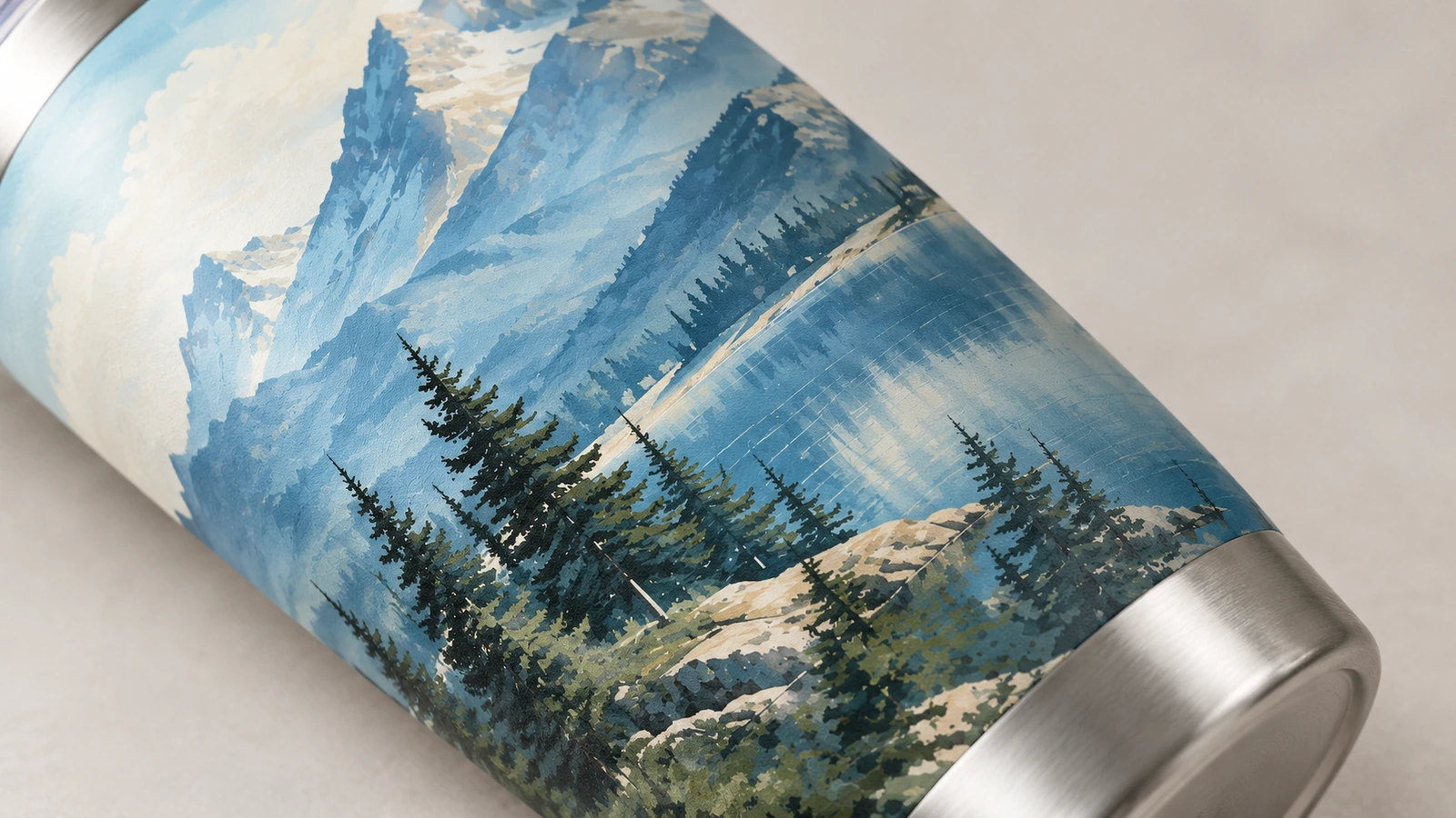 Primo piano della grafica con montagna blu e lago su un tumbler con base color acciaio