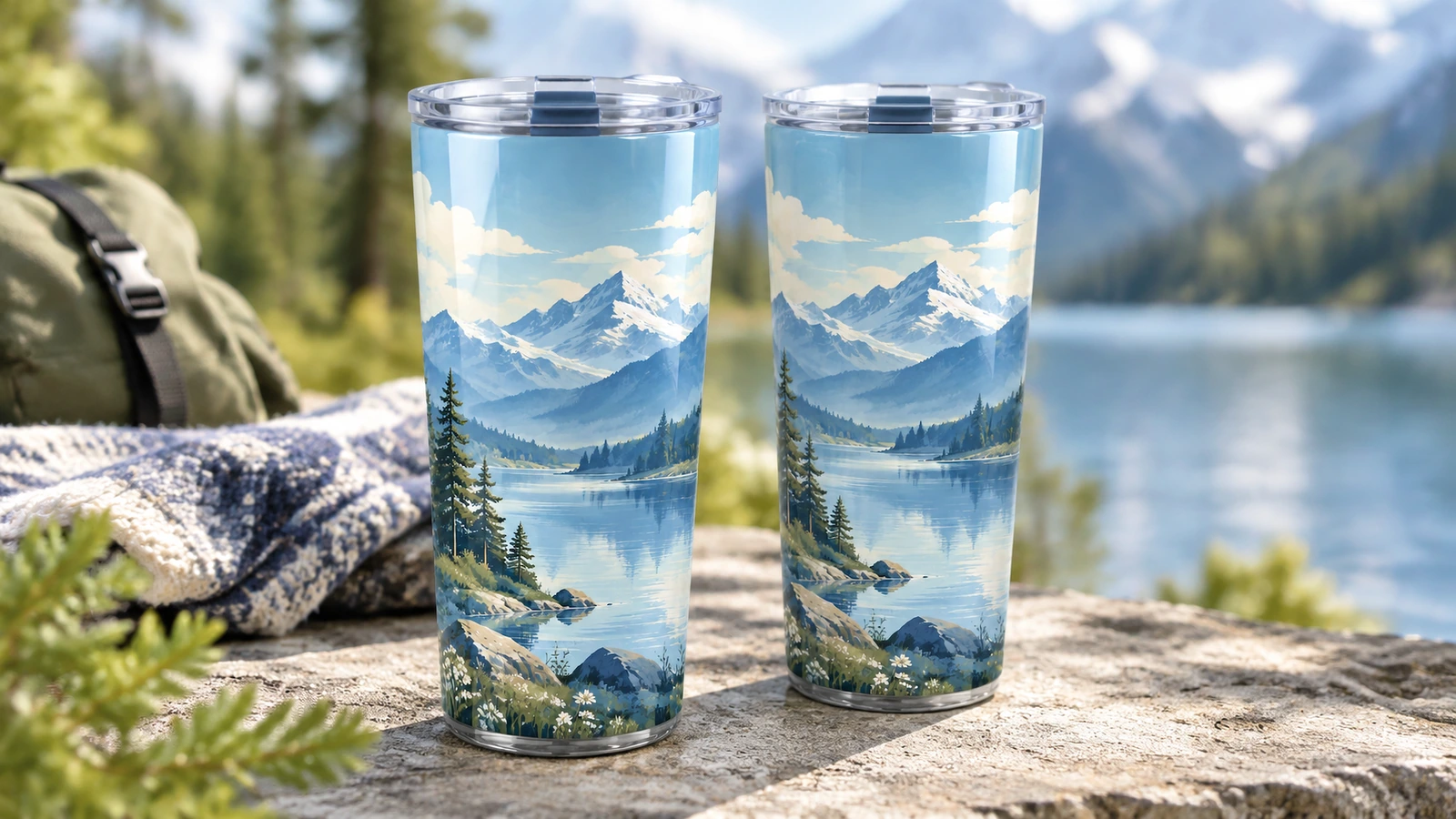 Due tumbler con motivo di montagne su una roccia accanto a un lago e a uno zaino