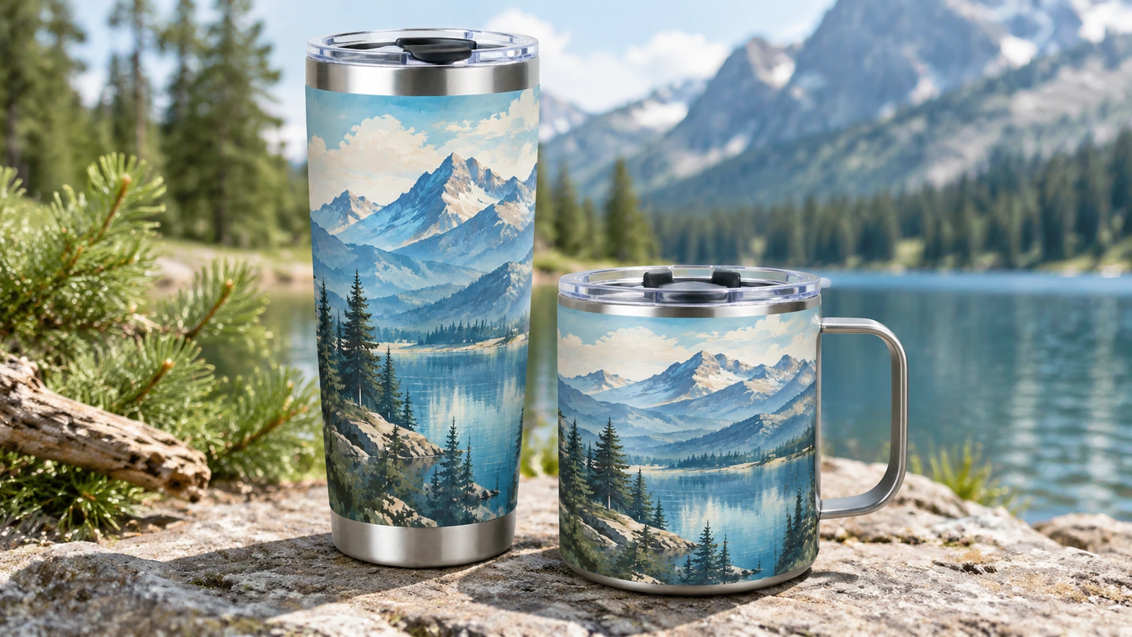 Tumbler alto con design a montagna e tazza con manico accanto a un lago