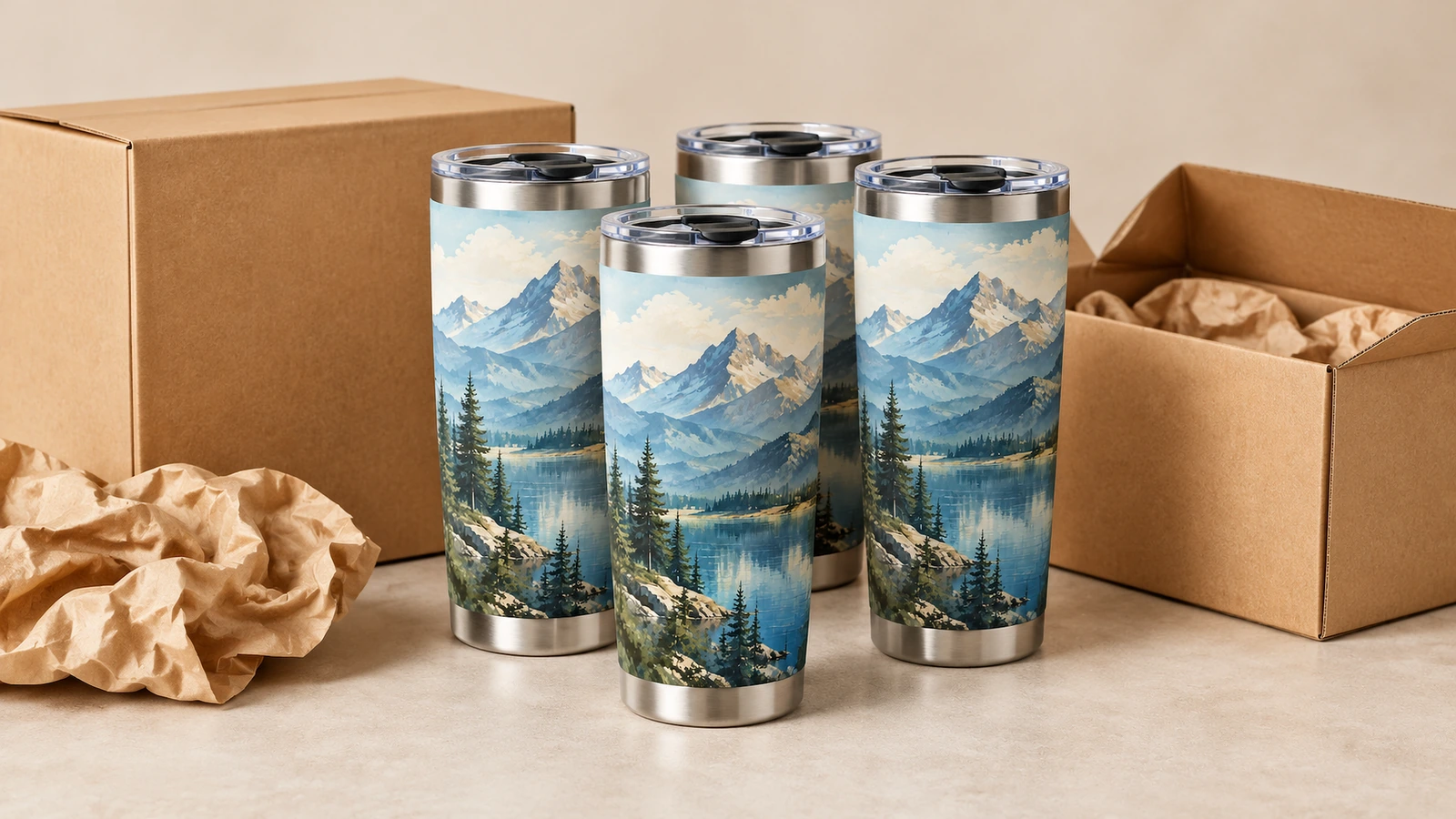 Quattro tumbler con motivo di montagne e bordi dall'aspetto metallico accanto a scatole di cartone e carta da imballaggio
