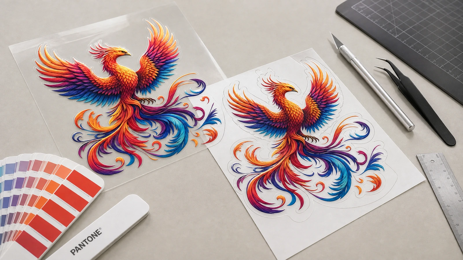 Due disegni colorati di decalcomanie a fenice accanto a un ventaglio di campioni colore, a un righello e a strumenti per il bricolage