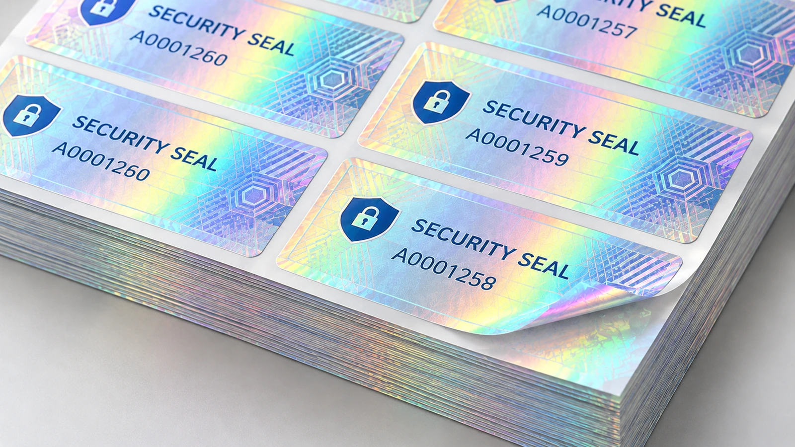 Primo piano di fogli di etichette di sicurezza olografiche impilati con numeri seriali stampati