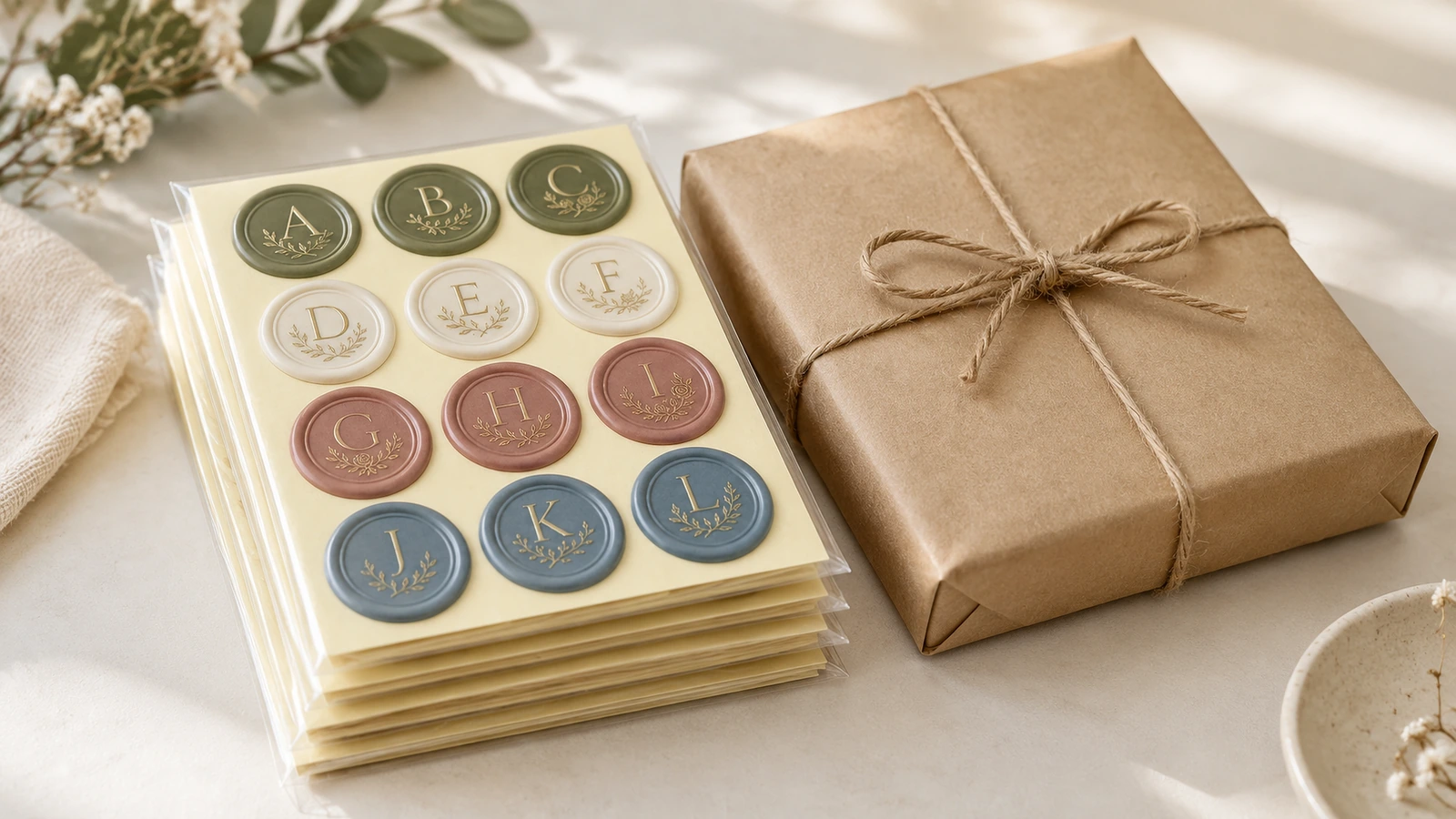 Fogli sovrapposti di sigilli con monogramma multicolore accanto a un regalo in carta kraft legato con spago