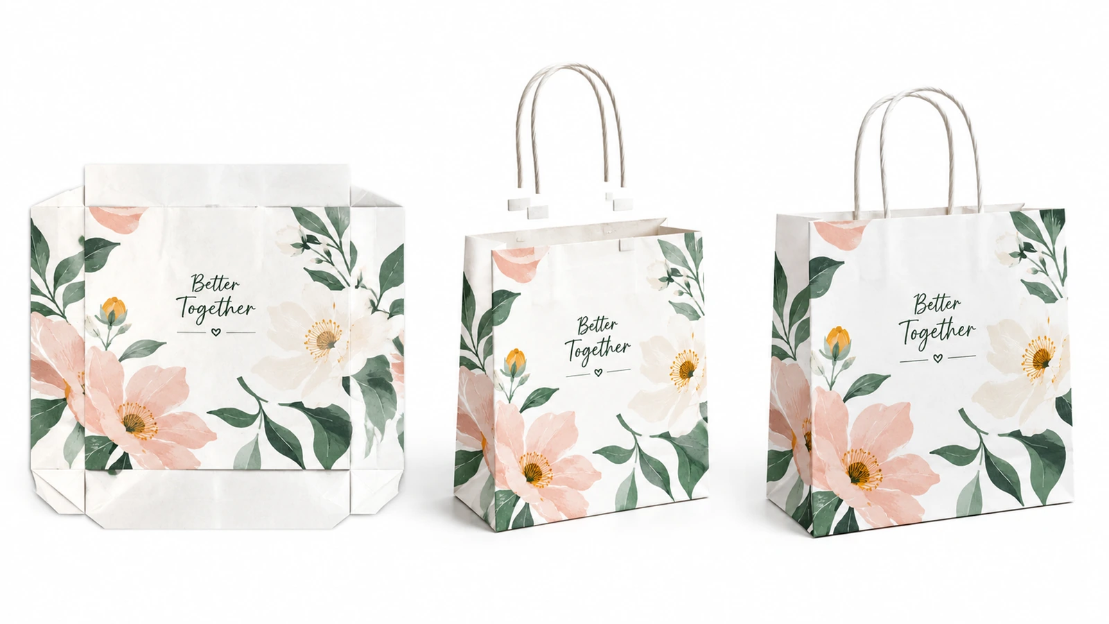 Borsa di carta bianca a fiori mostrata senza manici come corpo e come due borse completate