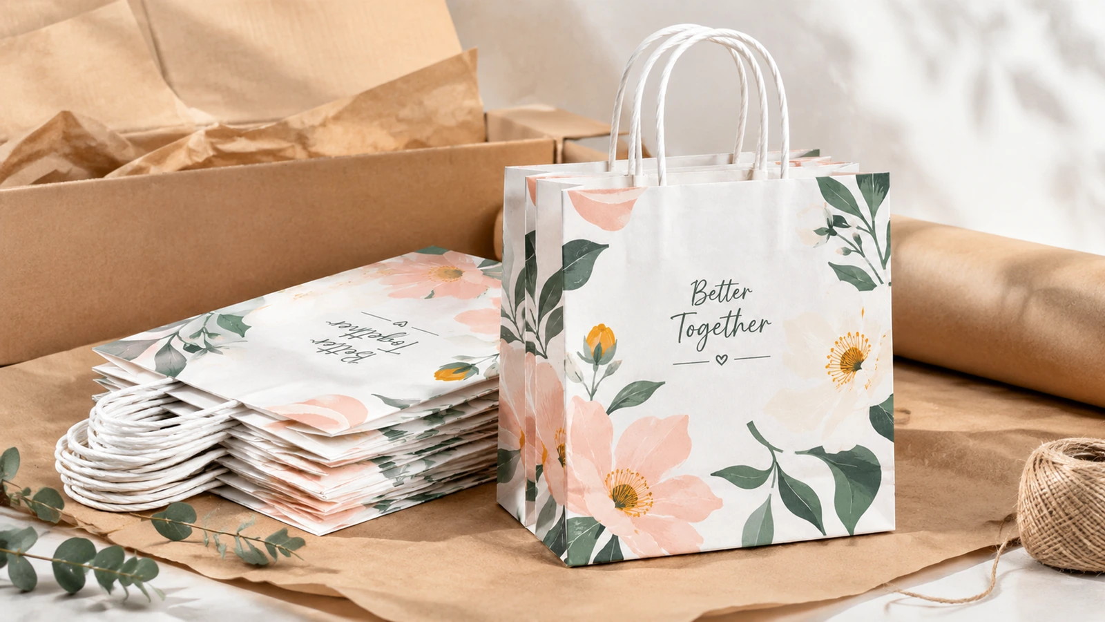 Borsa di carta a fiori in piedi e borse piatte impilate accanto a una scatola di cartone aperta