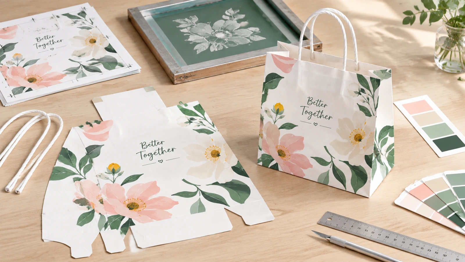 Borsa di carta bianca a fiori con componenti stampati piatti, manici di ricambio, campioni di colore e un righello