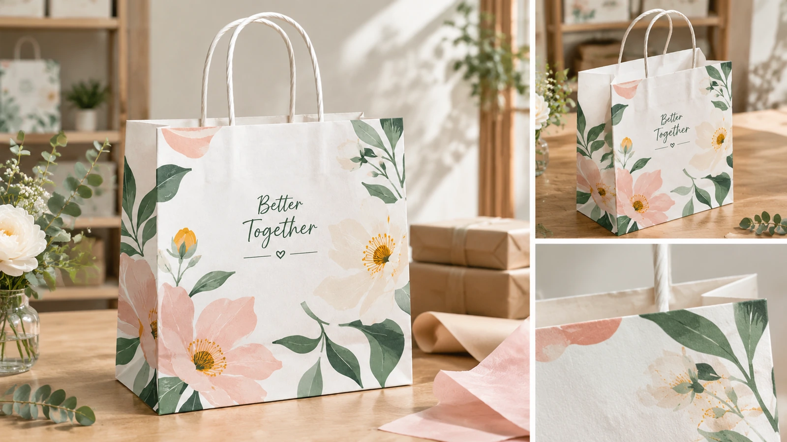 Borsa di carta bianca a fiori con dettagli del soffietto laterale e dei bordi superiori