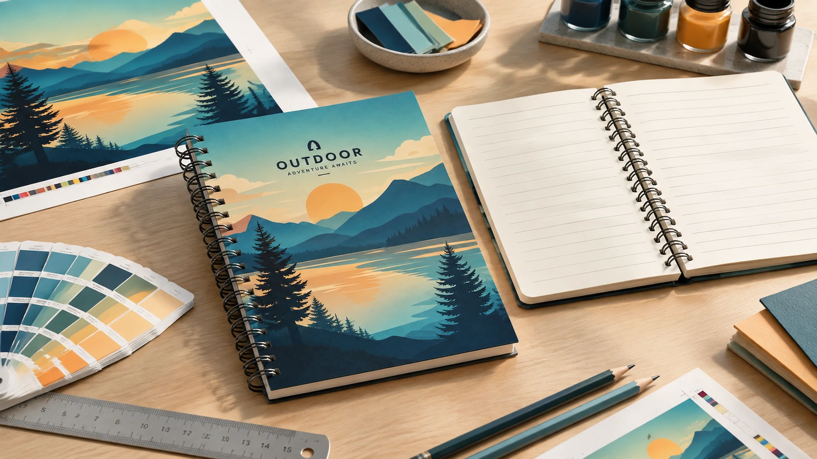 Bozzetto concettuale di un quaderno con copertina in formato orizzontale e di un quaderno a righe aperto accanto a grafiche, campioni di colore e strumenti da disegno