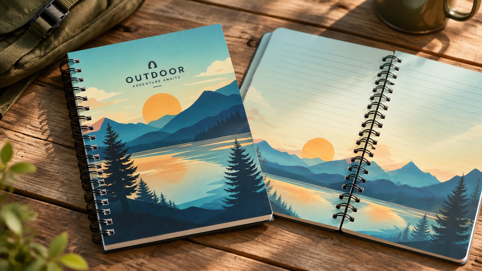 Bozzetto concettuale di un quaderno con copertina in formato orizzontale accanto a un quaderno aperto con pagine interne illustrate
