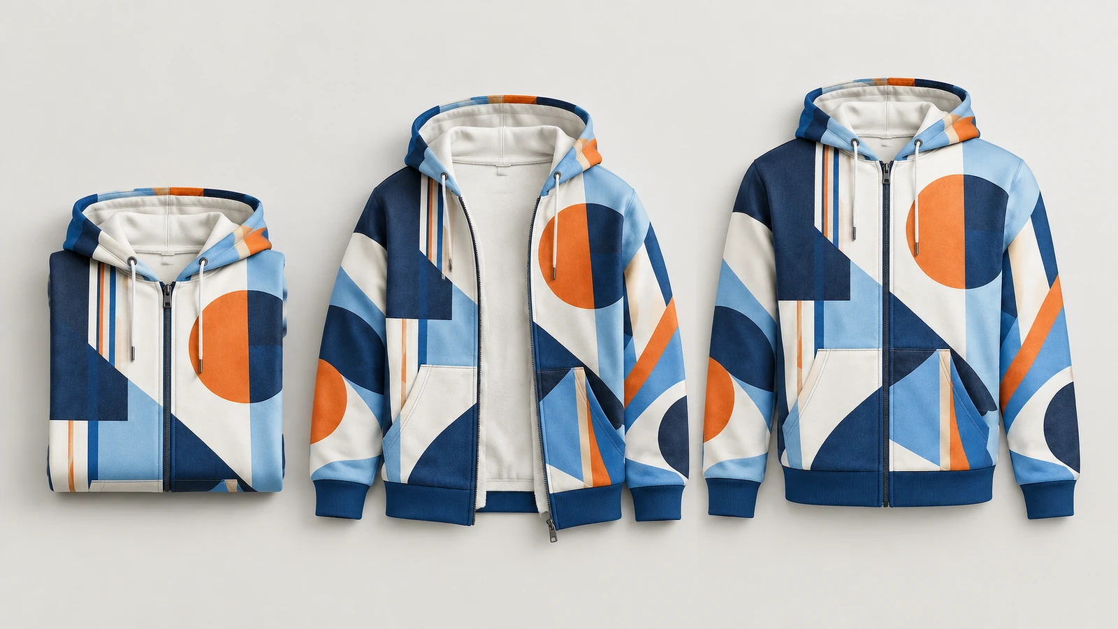 Tre viste di una felpa con zip geometrica Viste di una felpa con zip geometrica piegata, parzialmente aperta e chiusa
