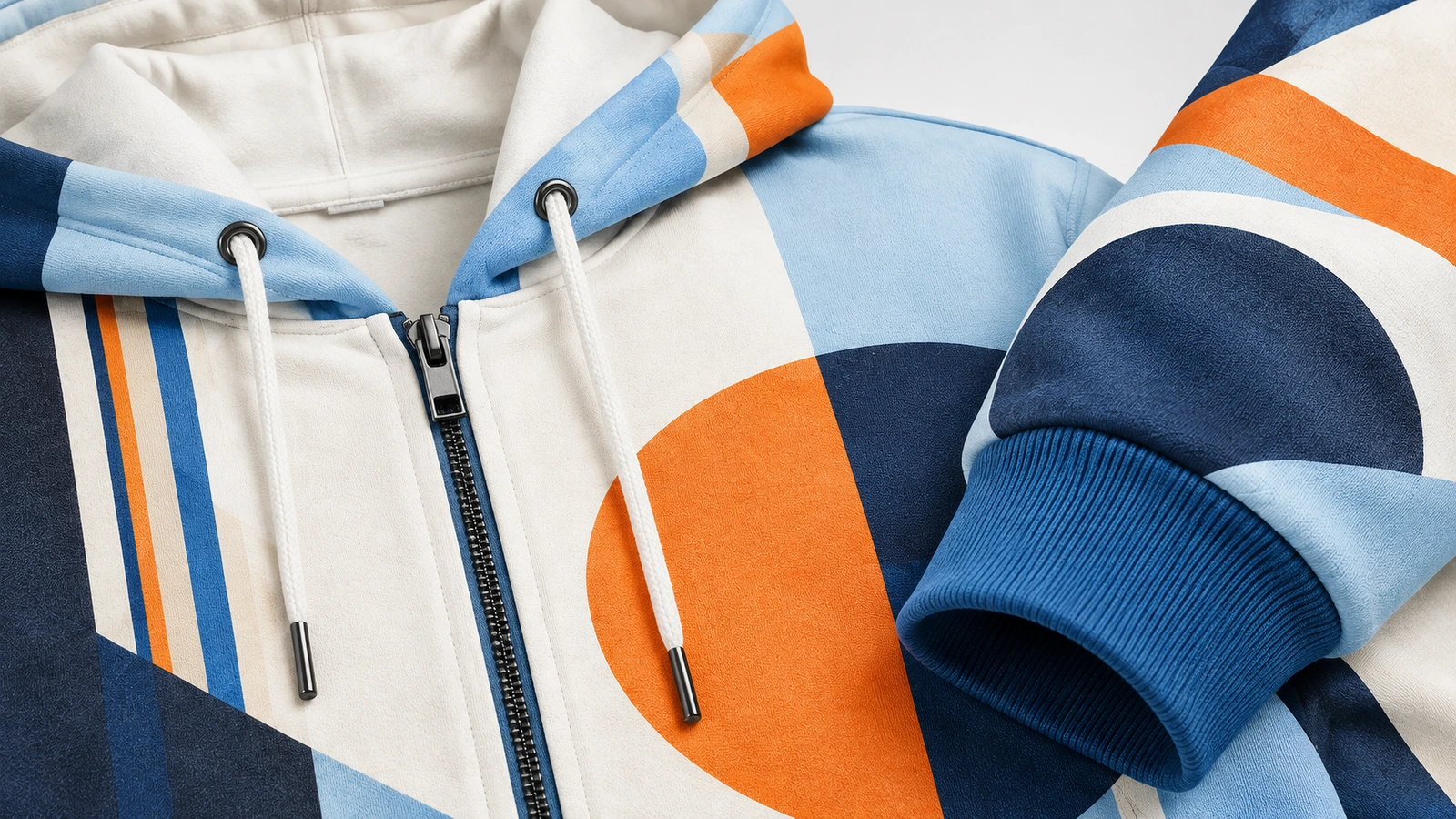 Dettaglio della ferramenta della zip e del polsino della felpa con zip Primo piano di una felpa con zip geometrica che mostra la zip, i cordini, la fodera del cappuccio e un polsino blu a coste