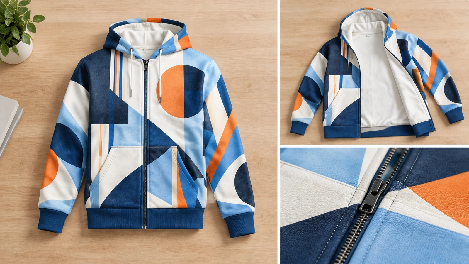 Viste della felpa con zip e dei dettagli della zip Collage di una felpa con zip geometrica mostrata distesa, parzialmente aperta e in primo piano sulla zip