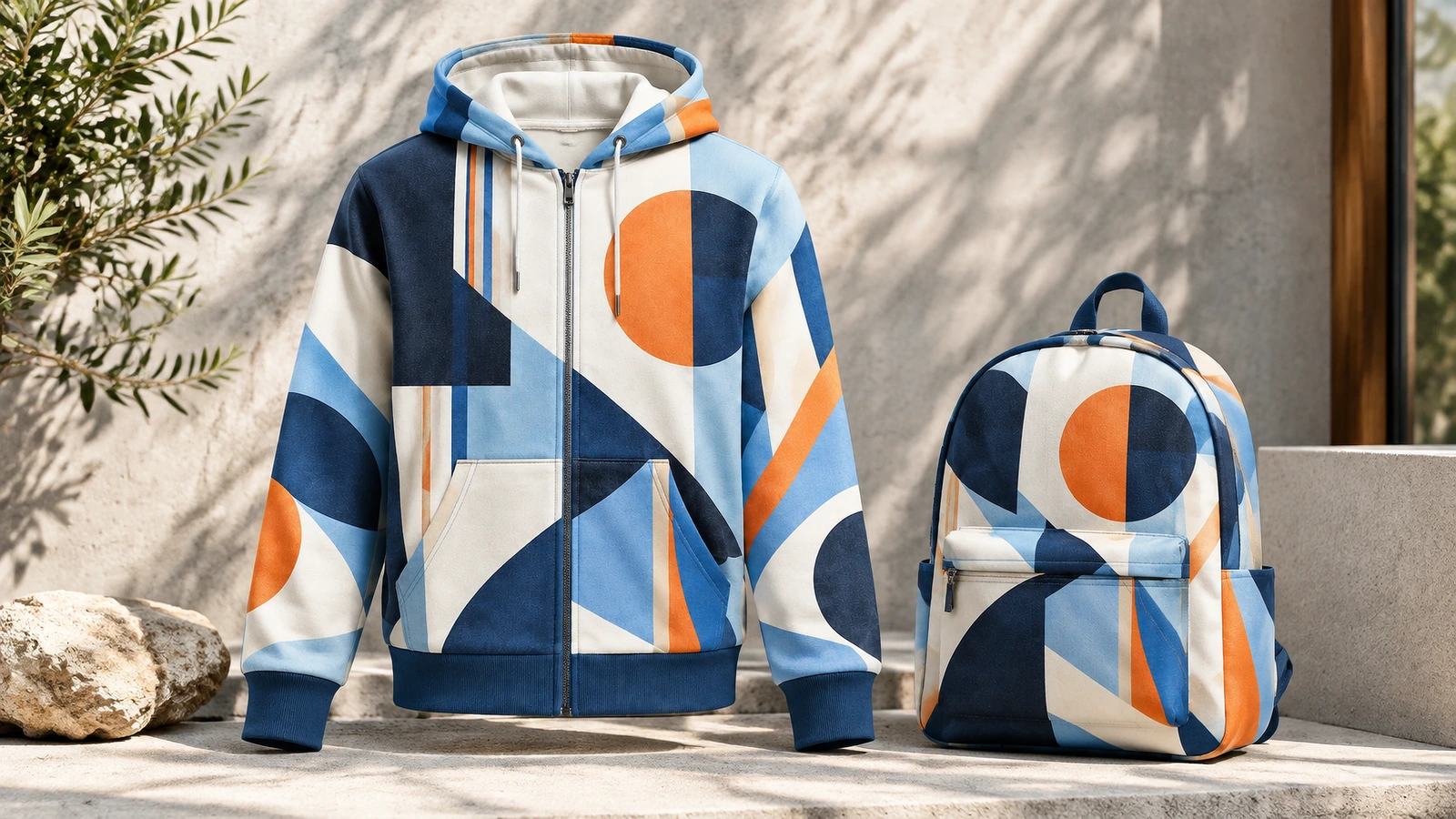 Felpa con zip e zaino abbinati Felpa con zip geometrica esposta accanto a uno zaino con grafica blu e arancione abbinata